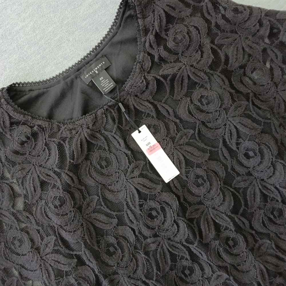 Investments II Womens 2X Black Floral Rose Lace Smocked Hem Dolman Top NWT